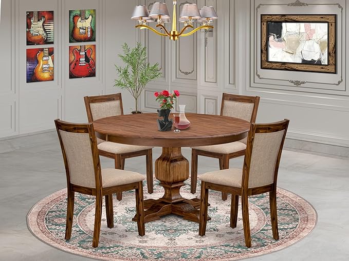 F3MZ5-50N-04 5-Pc Dining Room Set consists of a Pedestal Kitchen Table and 4 Light Tan Polyester Chairs with Padded Back - Antique Walnut