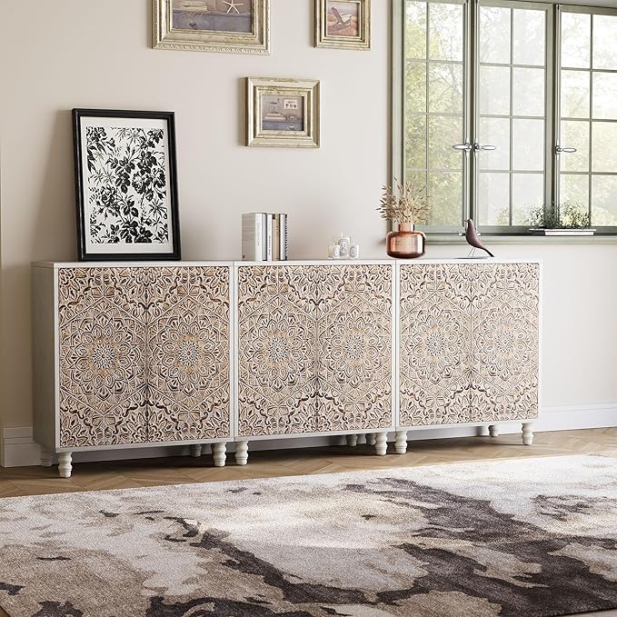 COSIEST Set of 3 32" Buffet Sideboard Cabinets with Vintage Firework Carved Pinewood Doors, Push-to-Open Storage Accent Cabinets, Gray