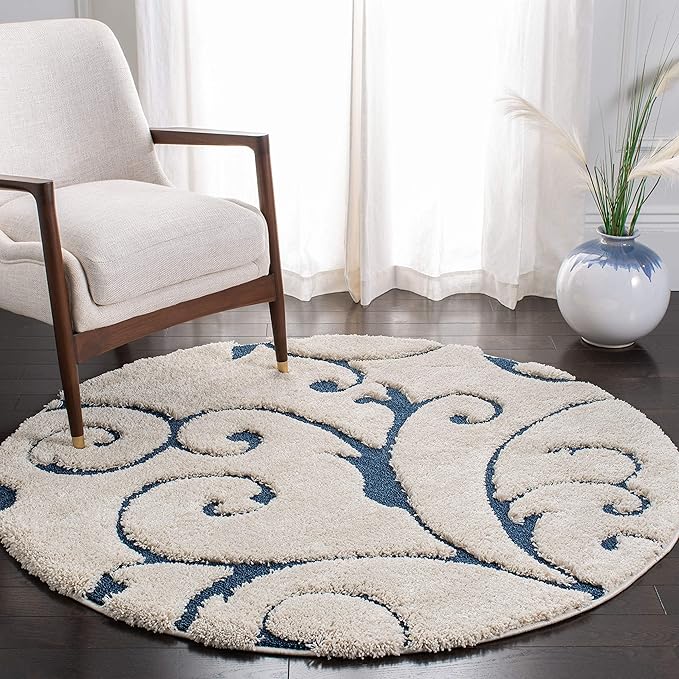 SAFAVIEH Florida Shag Collection Area Rug - 5' Round, Cream & Blue, Scroll Design, Non-Shedding & Easy Care, 1.2-inch Thick Ideal for High Traffic Areas in Living Room, Bedroom (SG455-1165)