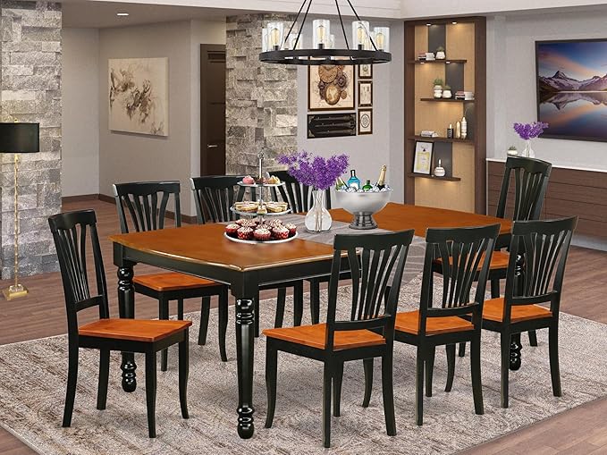 East West Furniture DOAV9-BCH-W 9 Piece Dining Table Set Includes a Rectangle Dining Room Table with Butterfly Leaf and 8 Wooden Seat Chairs, 42x78 Inch, Black & Cherry