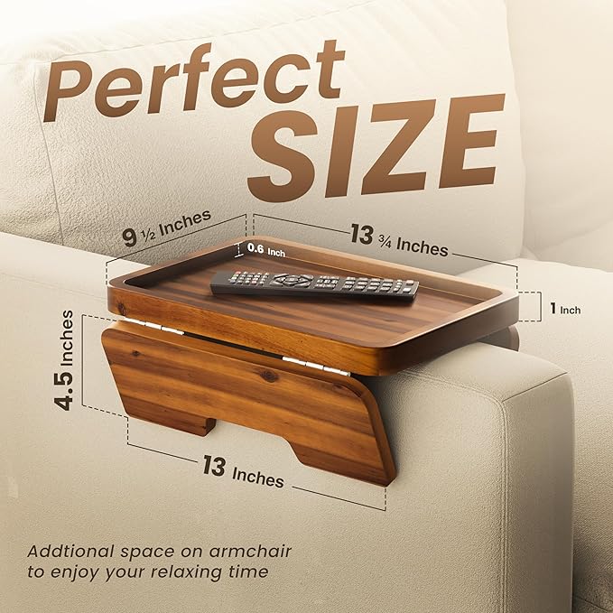 HOLANA Acacia Wood Sofa Armrest Tray - 13.75 x 9.5in Double Hinge Sofa Arm Tray Table Clip - Couch Arm Table - Wooden Side Tables for Eating and Drink (Acacia, 13.75" D x 9.5" W x 2" H)