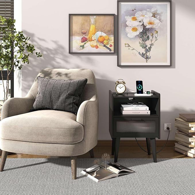 Nightstand with Charging Station, Bedside Tables, End Table Side Table with 2 Tiers Storage Space, for Bedroom, Living Room, Black CAMLBZ07BE