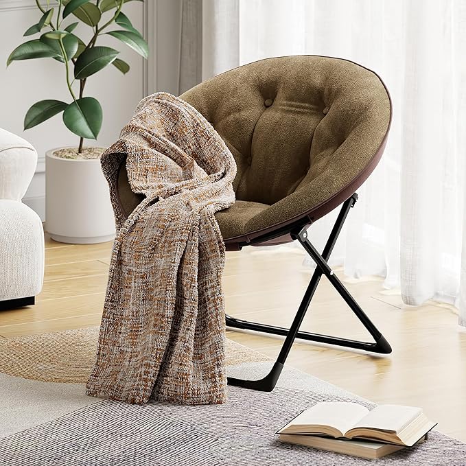 Saucer Chair, XL Foldable Lounge Chair for Bedroom/Dorm, Plush Comfy Seat with Non-Slip Base for Teens & Adults, Faux Fur Accent Chair, Brown