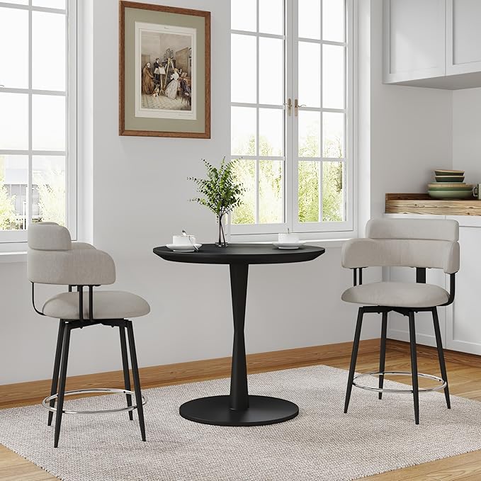 Swivel Bar Stools Set of 2, Counter Height Bar Stools with Ergonomic Full Back, Upholstered Linen Fabric Barstools with Chrome Metal Footrest for Kitchen Island, Dining Room