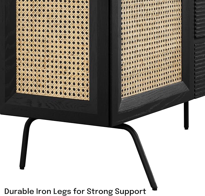 NTC MOSSIC Sideboard with 2 Doors and 3 Drawers, Buffet Cabinet with Natural Rattan and Metal Legs, Modern Storage Cabinet for Living Room, and Hallway, Effortless Assembly - Burnt Black