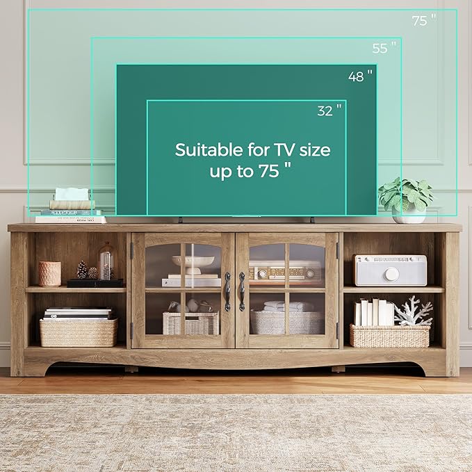 LINSY HOME TV Stand for 75 Inch TV, Modern Farmhouse Entertainment Center with Storage Cabinets and Glass Doors, Tall Media Console Table for Living Room, Bedroom, Large Long Television Stand, Brown