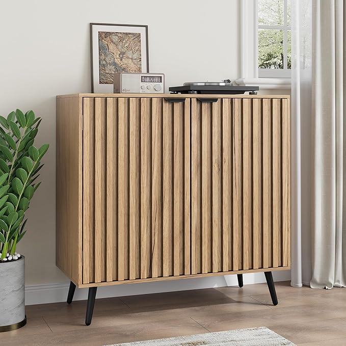Smuxee Fluted Sideboard Cabinet, Freestanding Natural Buffet Cabinet with Adjustable Shelf, Wood Storage Cabinet for Living Room, Entryway, Hallway