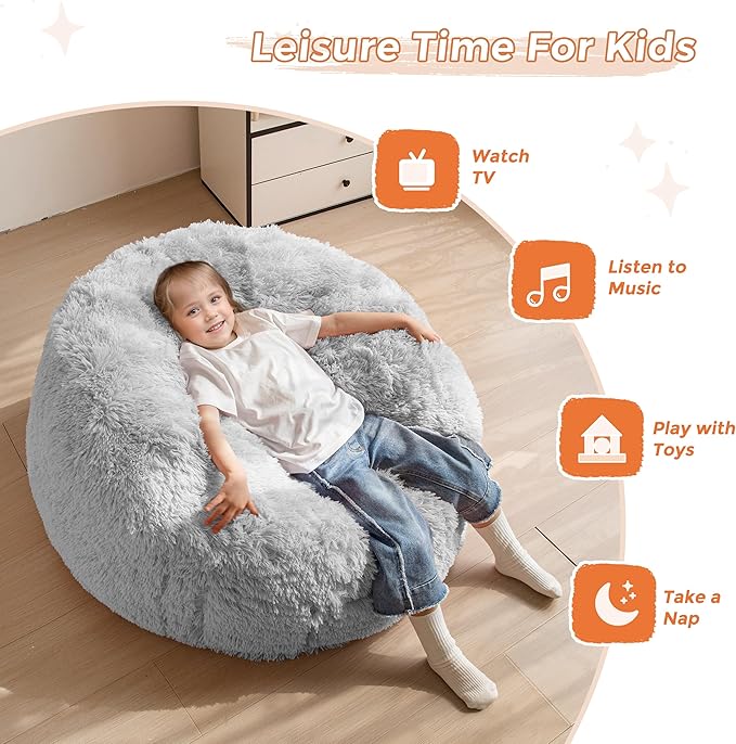 MAXYOYO Kids Bean Bag Chair, Stuffed Faux Fur Bean Bag for Toddler, Ultra Soft Floor Sofa with High-Density Foam Filling, Lazy Chair for Living Room, Playroom, Nursery Room
