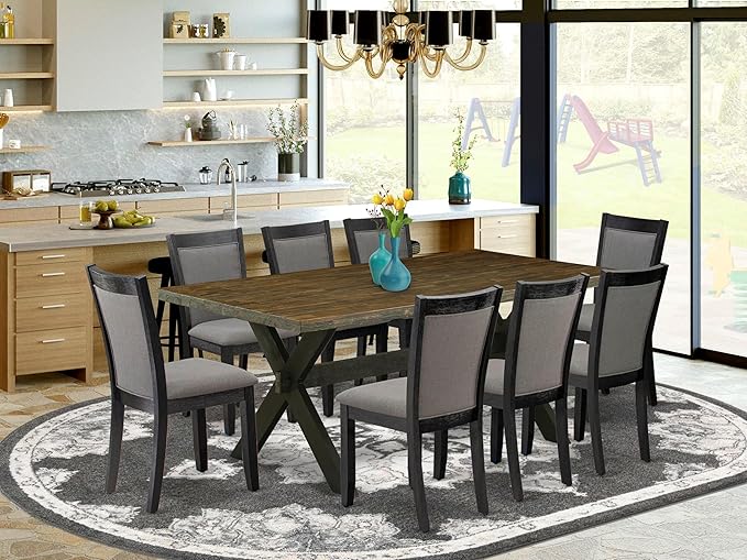 East West Furniture X677MZ650-9 9 Piece Dining Set Includes a Rectangle Dining Room Table with X-Legs and 8 Dark Gotham Grey Linen Fabric Upholstered Chairs, 40x72 Inch, Multi-Color