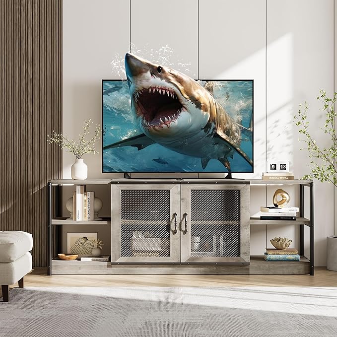 GarveeHome Farmhouse TV Stand for 75/80 Inch TVs, Entertainment Center with Storage Cabinet, 71'' Rustic TV Media Console Table, Furniture for Living Room, Grey