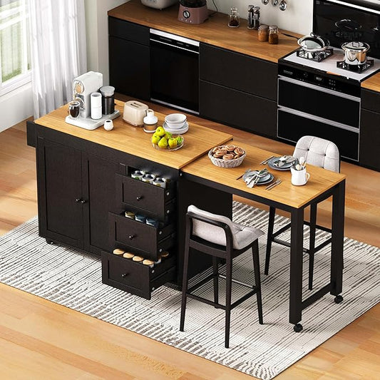 Ball & Cast 74.8" Kitchen Island with Extendable Dining Table,Kitchen Storage Cart W/Power Outlet and 3 Drawers,Rolling Kitchen Island on Wheels W/Spice Rack & 2 Door Cabinet,for Kitchen,Black