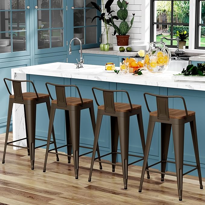 WENTMENT Bar Stools Set of 4 Counter Height Bar Stools Metal Barstools with Removable Back 26" Kitchen Bar Stools with Wooden Seat, Rusty