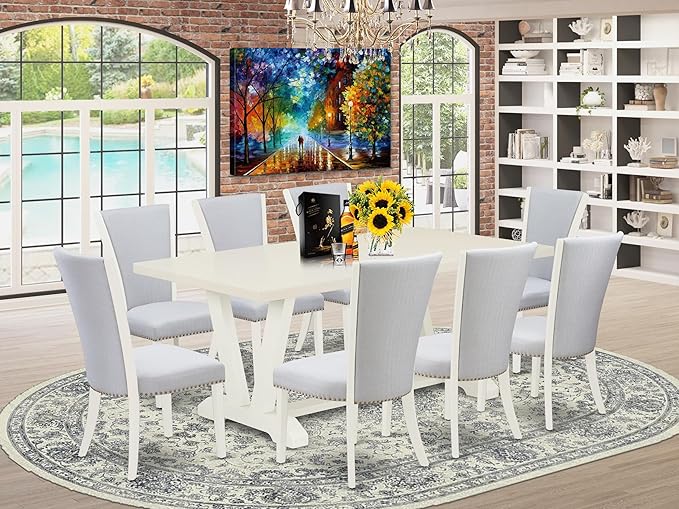 East West Furniture V027VE005-9 9 Piece Kitchen Table Set Includes a Rectangle Dining Table with V-Legs and 8 Grey Linen Fabric Parsons Dining Chairs, 40x72 Inch, Multi-Color