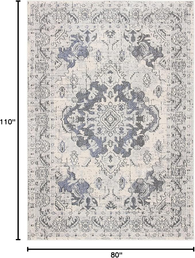 SAFAVIEH Monaco Collection Area Rug - 6'7" x 9'2", Ivory & Grey, Boho Chic Medallion Distressed Design, Non-Shedding & Easy Care, Ideal for High Traffic Areas in Living Room, Bedroom (MNC243B)