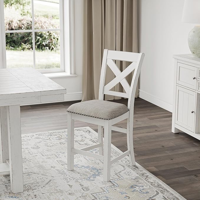 Signature Design by Ashley Robbinsdale Farmhouse Armless 24.75" Counter Height Upholstered Bar Stool with Foot Rest, Set of 2, White & Light Gray