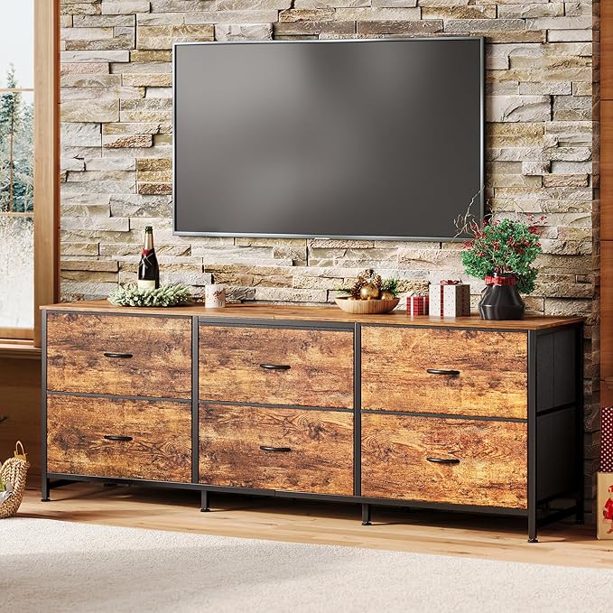 Huuger 63 Inch Long Dresser for Bedroom, Wide TV Stand for 55, 65, 70 Inch TV, 6 Drawer Dresser for Closet with Fabric Drawers, Storage Organizer for Bedroom, Entryway, Rustic Brown