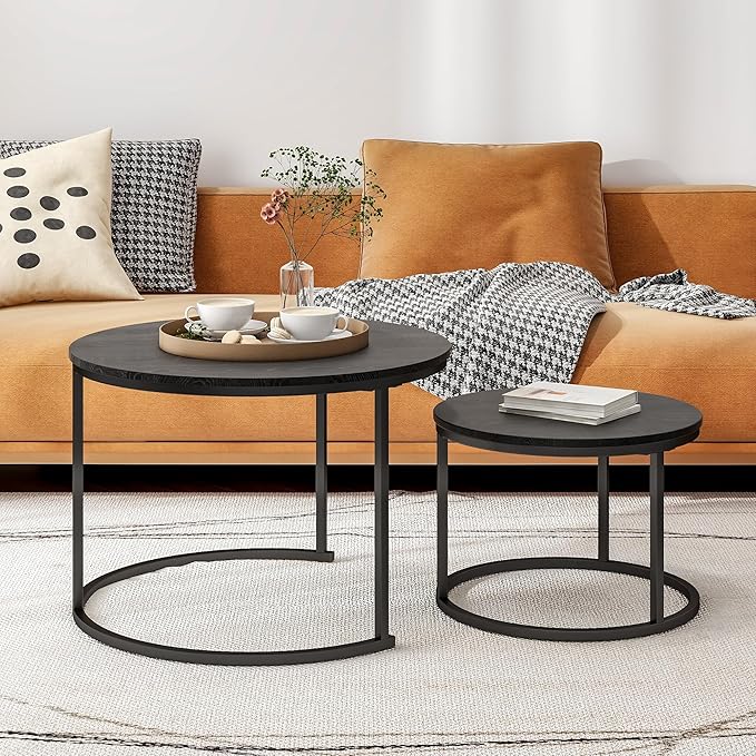 Round Coffee Table Set of 2 End Tables for Living Room,Black Coffee Table Nesting Tables,Living Room Table Wooden Accent Furniture Metal Frame,Sturdy Stacking Side Tables,Easy Assembly