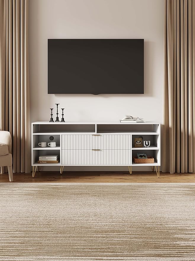Manhattan Comfort Dumbo Mid Century Modern TV Stand for Televisions up to 60 Inches, Home Entertainment Center with Storage, 6 Shelves, 2 Drawers, No Tool Assembly, 63" Wide, White