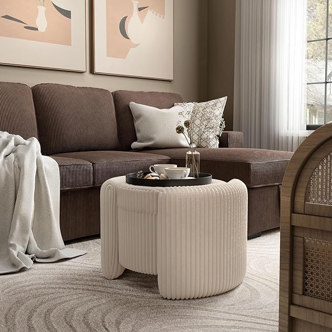 Furniture of America Lennox Modern Chenille 25-inch Round Storage Ottoman with Reversible Flip Top, Upholstered Footstool for Living Room, Bedroom, Entryway, Beige Pink