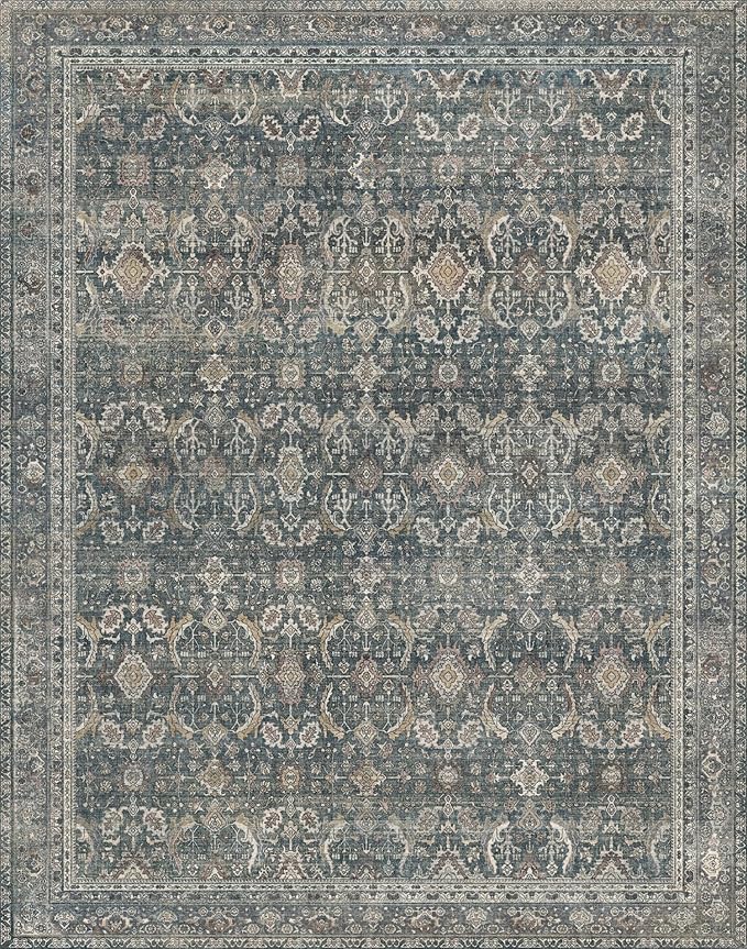 10X12 Area Rugs Machine Washable Rugs for Living Room, Vintage Boho Large Rugs for Bedroom Dining Room, Non Slip Indoor Soft Distressed Lightweight Thin Low Pile Carpet, Deep