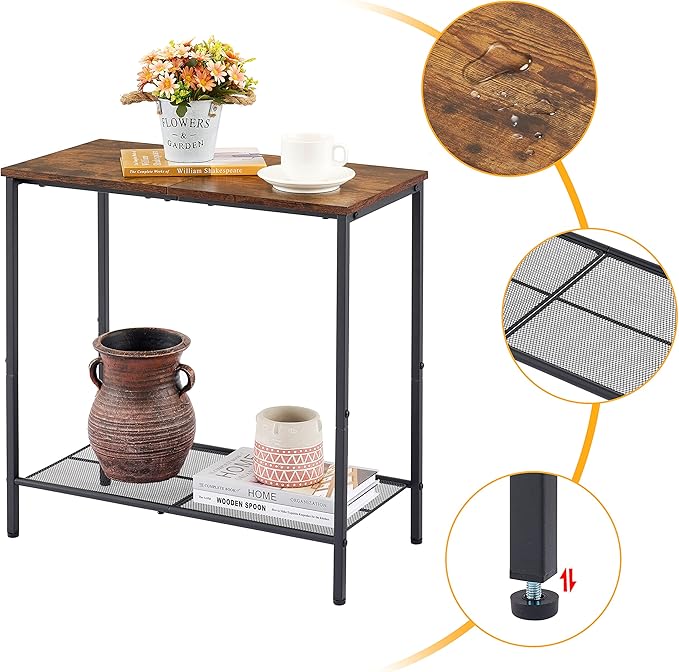 Hoctieon 2 Tier End Table, Sofa Side Table, Narrow Side Table with Storage, Slim Nightstand for Small Spaces, Metal Frame, for Living Room, Bedroom, Sofa Couch, Hall, Rustic Brown