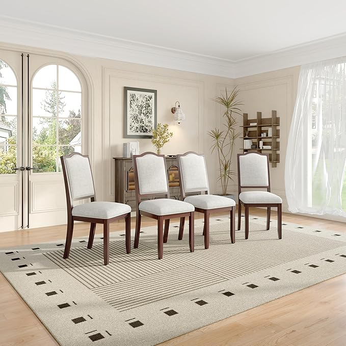 Merax Upholstered Dining Chairs Set of 4, Farmhouse Chair with High Back, Modern Seating for Kitchen, Bedroom & Living Room, Cherry+Beige