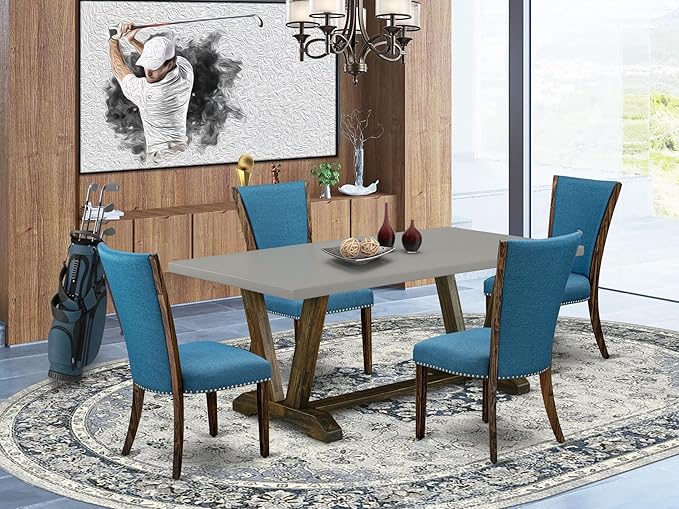 East West Furniture V797VE721-5 5 Piece Dining Room Table Set Includes a Rectangle Kitchen Table with V-Legs and 4 Blue Color Linen Fabric Parson Dining Chairs, 40x72 Inch, Multi-Color