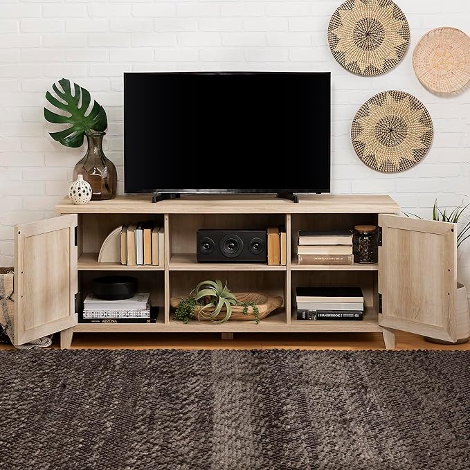 Walker Edison Buren Classic Grooved Door TV Stand for TVs up to 65 Inches, 58 Inch, White Oak