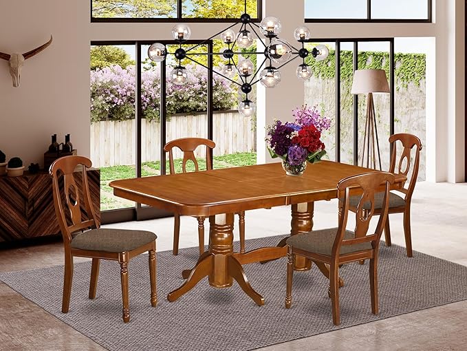 East West Furniture NANA5-SBR-C 5 Piece Dining Room Furniture Set Includes a Rectangle Wooden Table with Butterfly Leaf and 4 Linen Fabric Kitchen Dining Chairs, 40x78 Inch, Saddle Brown
