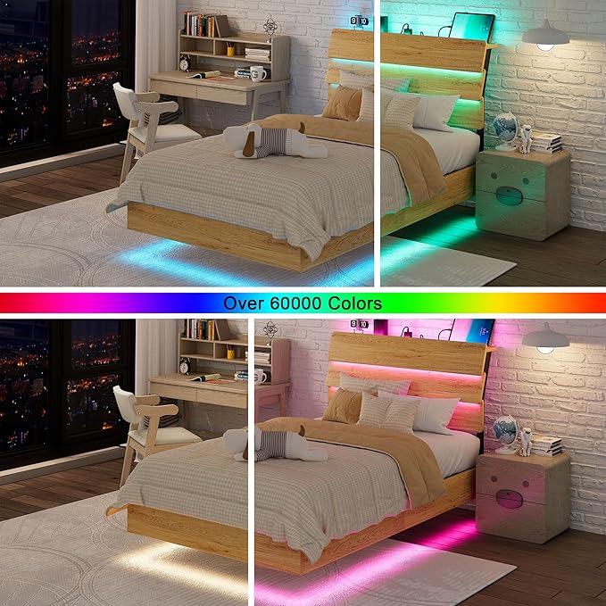 Feonase Floating Bed Frame Twin with Led Lights and Charging Station, Wood Full Size Bed Frame with Storage Headboard, Heavy Duty Metal Slats, No Box Spring Needed, Easy Assembly,Oak