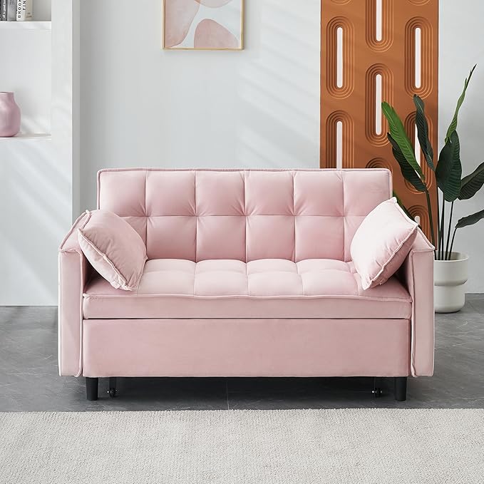 Ball & Cast 3 in 1 Convertible Sleeper Sofa Bed,Velvet Futon Couch with Pull-Out Bed,Convertible Pull Out Couches W/ 2 Pillows,Adjustable Backrest & Side Pocket,for Living Room,Apartment,Pink,55"
