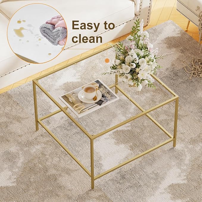 Glass Coffee Table, Modern Square Coffee Table for Living Room, Minimalist Center Tea Table with Sturdy Metal Frame for Apartment, Office, Easy Assembly, 27.6 x 27.6 x 17.7 Inches, Golden