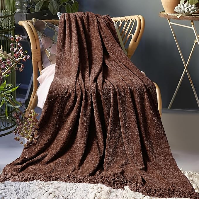 Chenille Throw Blanket for Couch 50"X 60", Soft Cozy Throws with Fringe Tassel for Bed Sofa Chair Cover, Lightweight Knitted Decorative Boho Blankets for Living Room, Dark Brown
