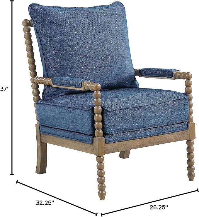 OSP Home Furnishings Fletcher Spindle Accent Chair with Rustic Brown Finish, Navy Blue Upholstery