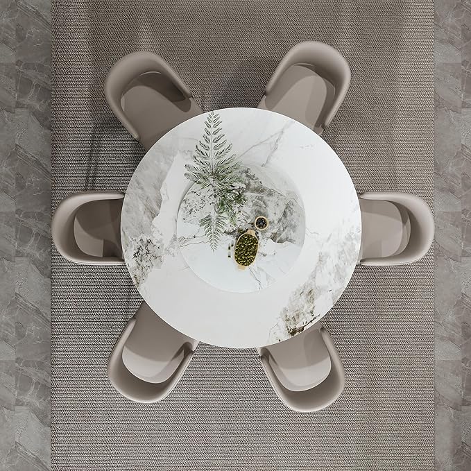 Ball & Cast 7-Piece Dining Set,Faux Marble Table with Detachable Rotating Tray & 6 PU Leather Chairs,Modern Kitchen Dining Room Table Set w/Stainless Steel Base,for Restaurant & Home,Grey