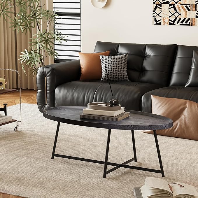 Modern Coffee Table, Oval Wood Coffee Tables Center Table with Metal Leg for Living Room, 47 Inch Table Accent Furniture (Oval Coffee Table, Black)