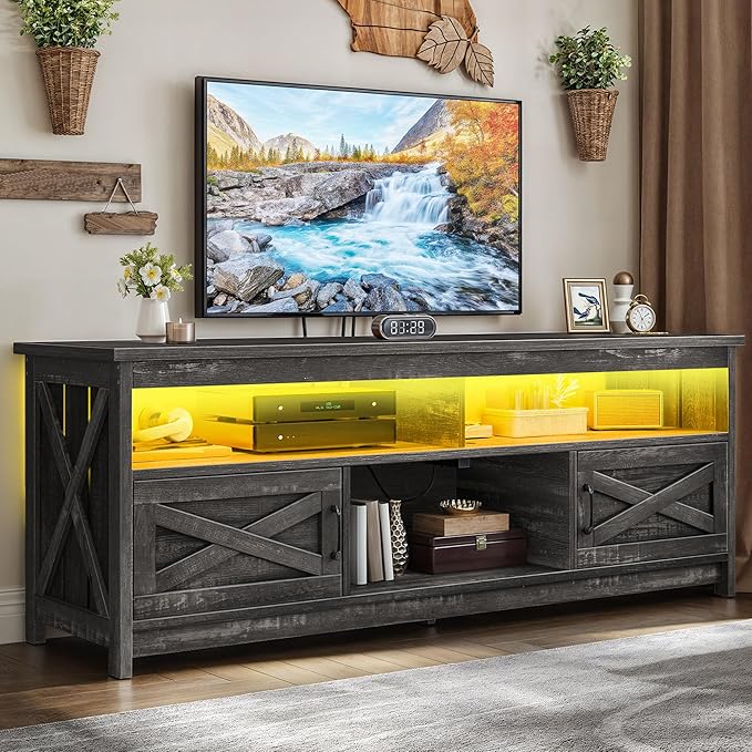 YITAHOME Farmhouse TV Stand for 65/75 Inch TV LED Entertainment Center Television Stand with Power Outlets and Open Shelf, Media Console TV Cabinet for Living Room, Dark Grey