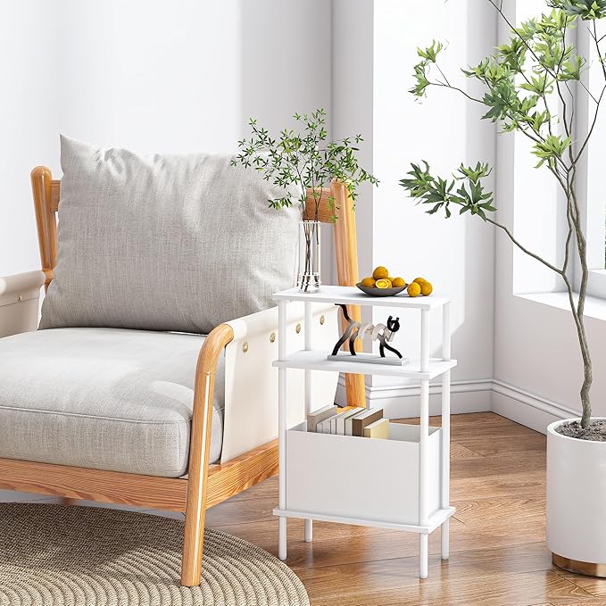 Narrow Side Table with Fabric Basket, End Table for Small Spaces, Slim Nightstand with 3-Tier Storage Shelf, Sofa Beside Table, for Living Room, Bed Room, Natrual White