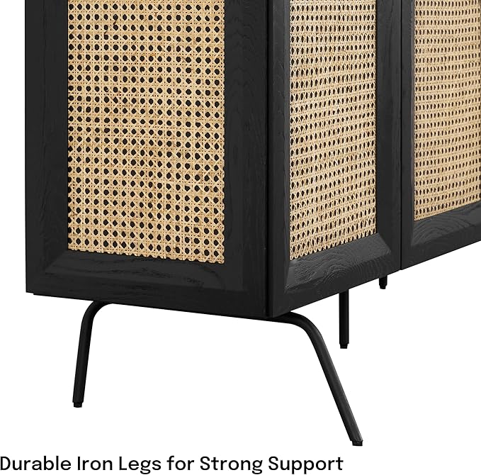 NTC MOSSIC Modern Sideboard with 4 Doors, Natural Rattan Storage Cabinet, Buffet with Metal Legs, Boho Accent Cabinet for Living Room, and Entryway, Effortless Assembly - Burnt Black