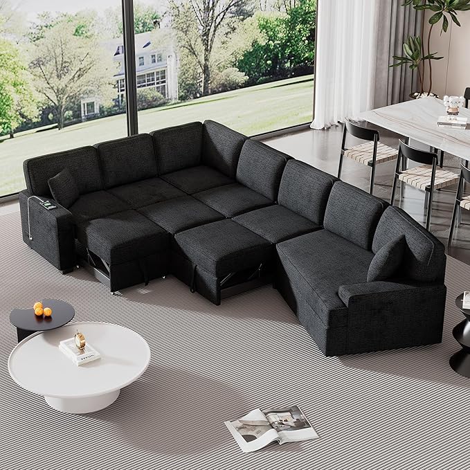 126" Extra Large Pull-Out Sofa Bed with Drop-Down Cup Holder Tables,L-Shaped Sectional Couch W/Charging Device,Convenient Sleeper Furniture Set for LivingRoom Apartment,Beige Chenille
