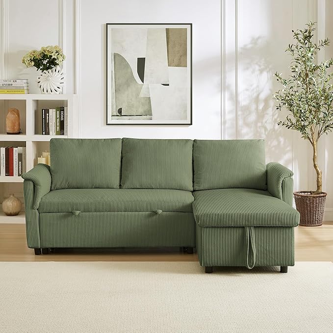 Ball & Cast Reversible Sectional Sofa Couch,L-Shape Sleeper Sofa Bed with Storage Chaise Pull Out Couch for Living Room | Hidden Storage | Pull Out Bed | Removable Backrest | Corduroy Fabric,Green