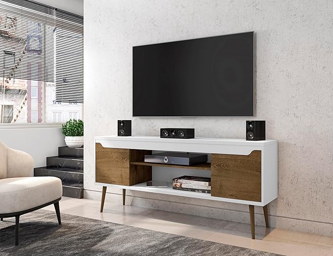 Manhattan Comfort Bradley Mid Century Modern TV Stand for Televisions up to 60 Inches, Living Room Entertainment Center with Storage, Media Shelves and Soft Close Doors, White/Rustic Brown