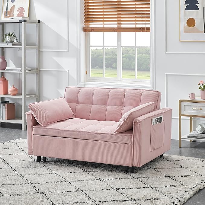 Ball & Cast Convertible Sofa Bed,Loveseat Sleeper Sofa W/Pull-Out Bed,Convertible Pull Out Couch W/2 Pillows,Adjustable Backrest&Side Pocket,Corduroy Futon Couches for Living Room,Apartment,Pink,54"