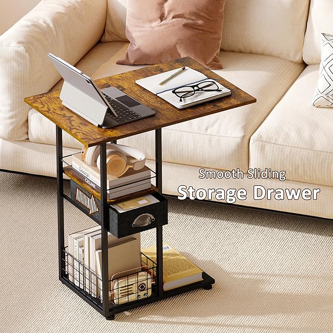 Rolling C-Shaped Side Table with Wheels and Oversized Wood Top, Mobile Overbed Stand with Drawer for Bed or Sofa, Metal Frame Couch Companion for Living Room, Bedroom, or Home Office (Large Desktop)