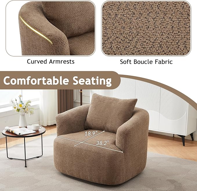 Merax Modern Cozy Chenille 360° Swivel Sofa Chair with a Throw Pillow, 38.2" Upholstered Leisure Barrel Accent Armchair with Deep Seating for Living Room Bedroom,Office, Hotel, Dark Brown