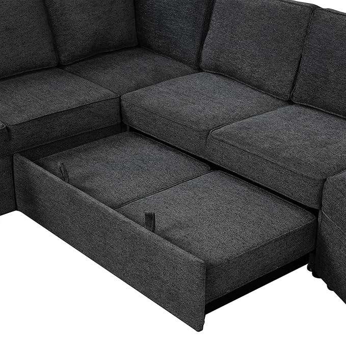 126" Extra Large Pull-Out Sofa Bed with Drop-Down Cup Holder Tables,L-Shaped Sectional Couch W/Charging Device,Convenient Sleeper Furniture Set for LivingRoom Apartment,Beige Chenille