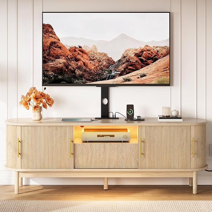 YITAHOME Fluted TV Stands for Living Room with Mount, Modern LED Entertainment Center for 75 Inch TVs, Curved TV Stand with Power Outlets & LED Light, Curved Profile Design, Natural Oak