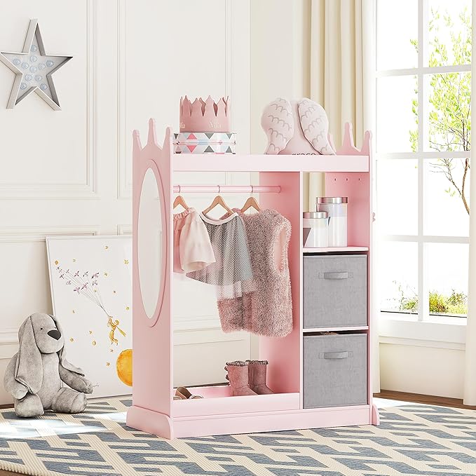 UTEX Kids Armoire Wardrobe Closet with Mirror and Storage Bin, Pink, 33.4 in W x 15.75 in D x 44.5 in H
