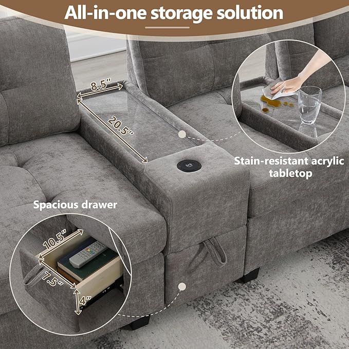 Merax 104 * 104" Chenille Sectional Couches with 2 Acrylic Consoles, Upholstered Modular Tufted Sofa Chaise with Ottoman, Storage Drawers, Pockets, USB Charger & Cup Holders for Living Room Apartment