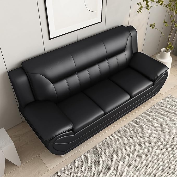 Container Furniture Direct Michael Modern Faux Leather Upholstered Stainless Steel Legs Living Room Sofa, Black